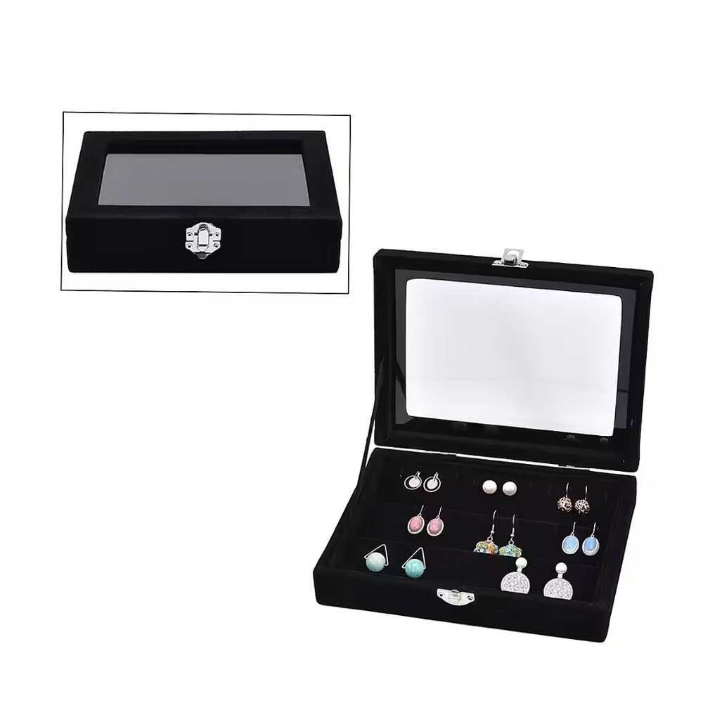 New Black Velvet Earrings Box with Glass Window -